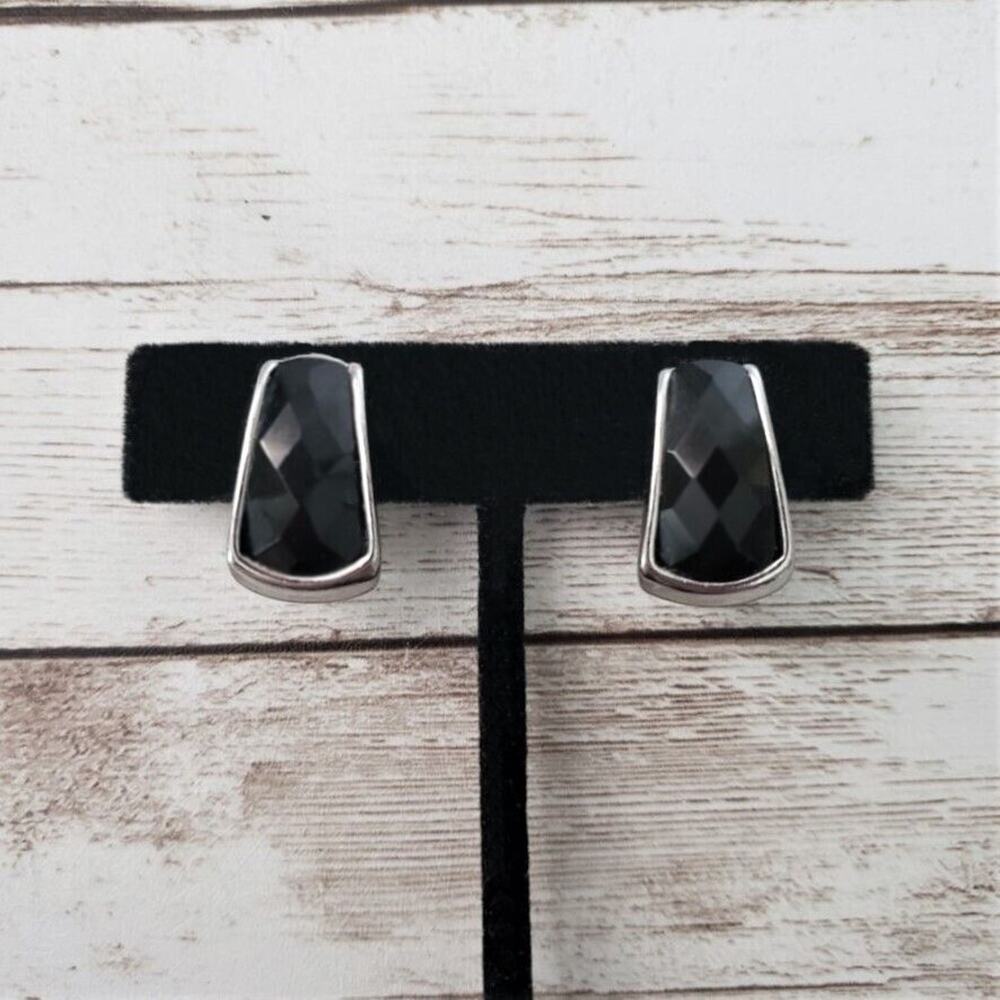 Vintage Clip On Earrings Elongated Black Faceted Gem Silver Tone Halo